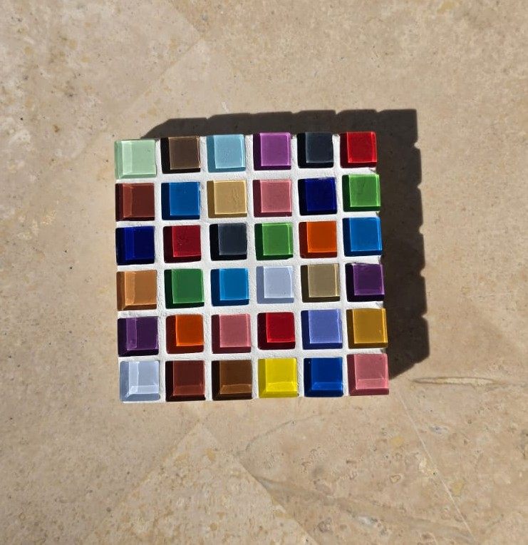 Confetti coaster, full spectrum glass tiles seen from above
