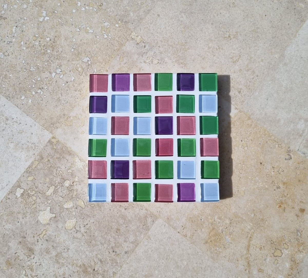 Confetti coaster, full spectrum glass tiles on travertine