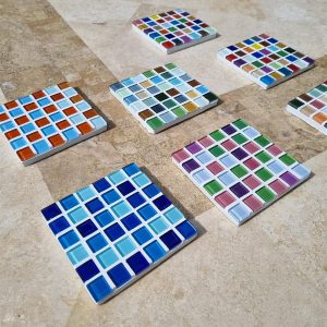 Hockney coaster, pool blues and white glass tiles