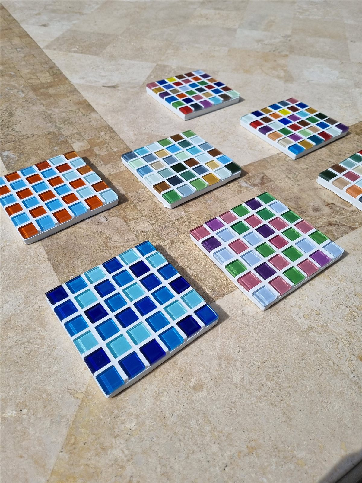 Hockney coaster, pool blues and white glass tiles