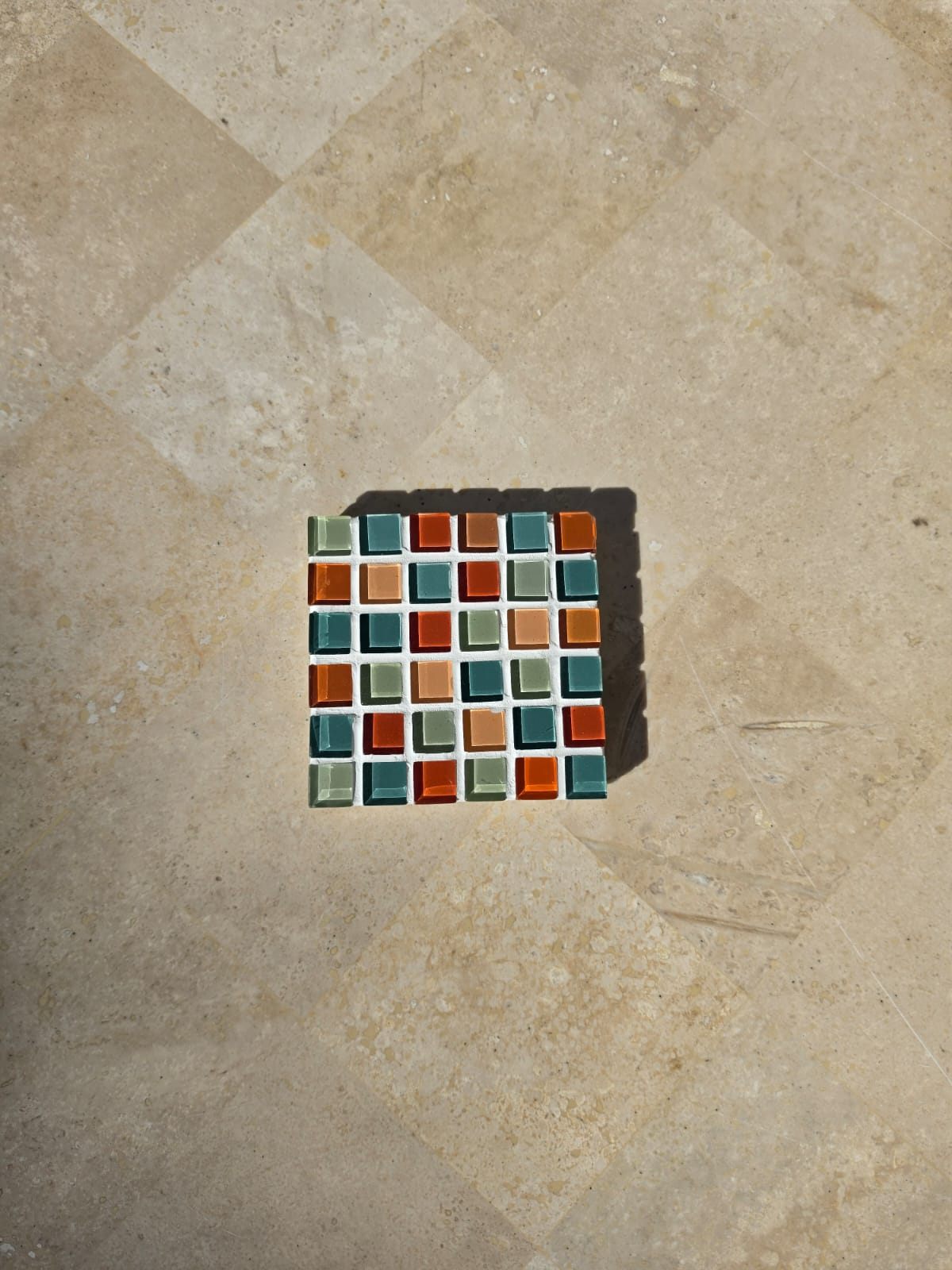 Nordic Winter coaster, orange, teal and white glass tiles
