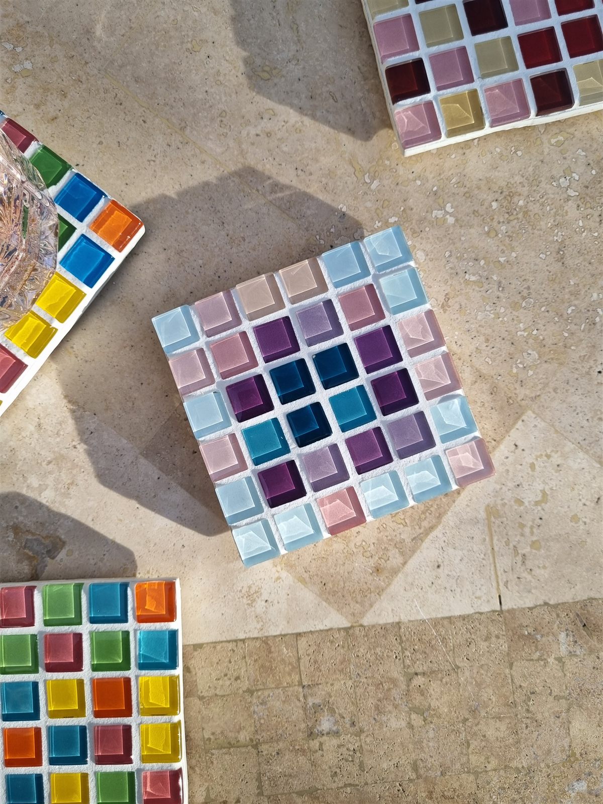 Portofino coaster, blue, lilac and plum glass tiles