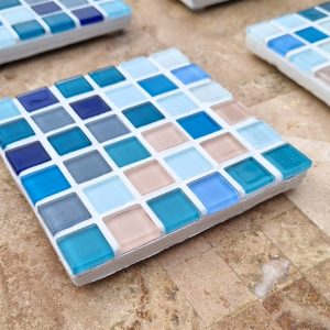 Santorini coaster, cobalt, cream and sky glass tiles