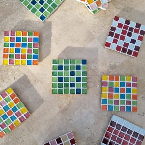 Spanish Moss coaster, layered green glass tiles on travertine