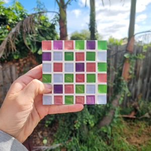 Spring in Devon coaster, pink, green and purple pastel glass tiles