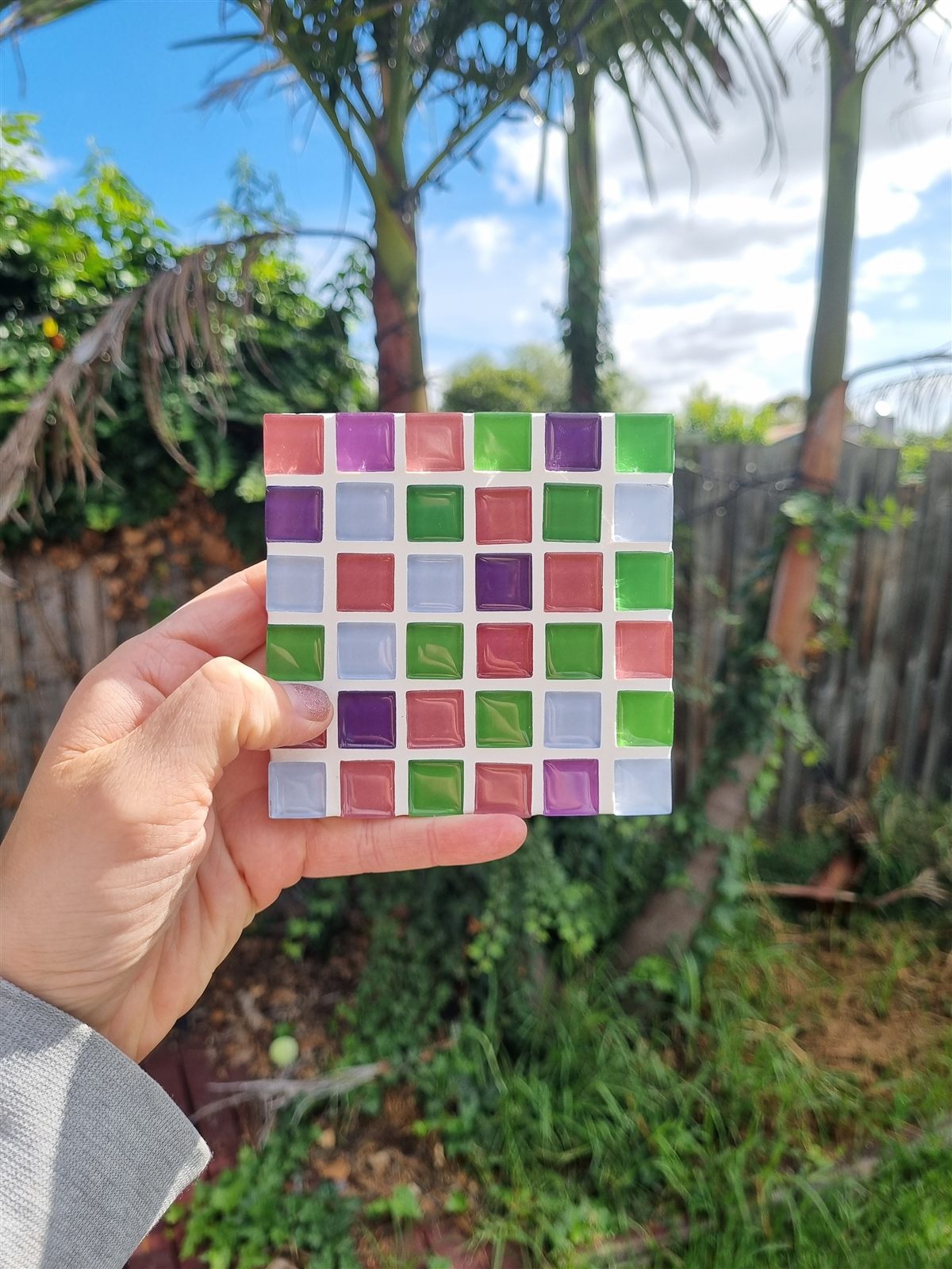 Spring in Devon coaster, pink, green and purple pastel glass tiles