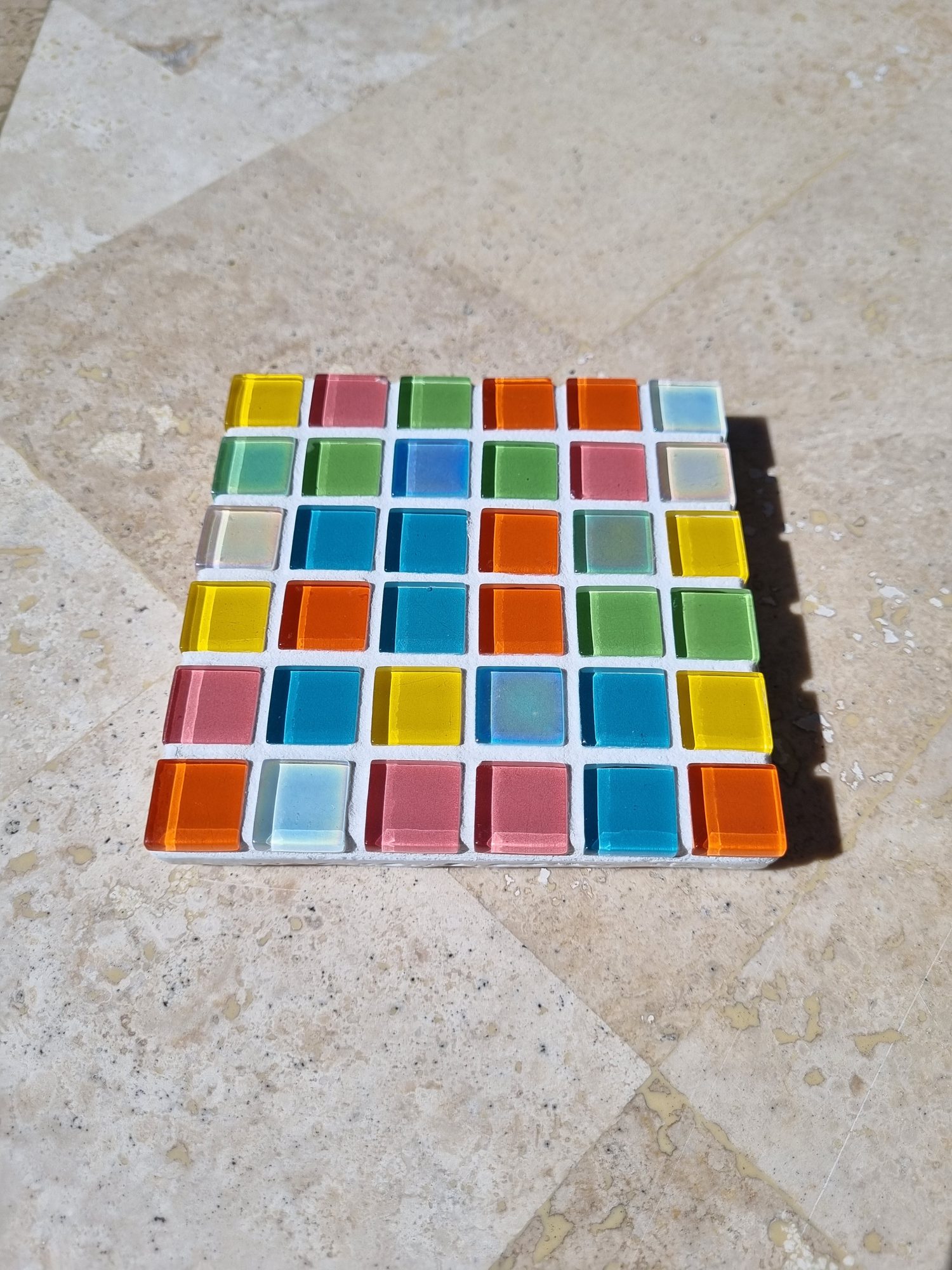 Iridescent Fairy Bread handmade glass coaster, birthday-party colours in shifting glass