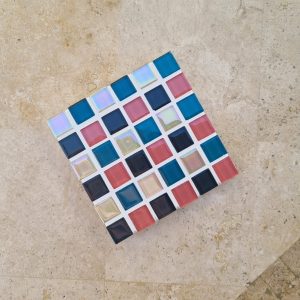 Monte Carlo handmade glass coaster, dusty pink teal and navy tiles in white grout