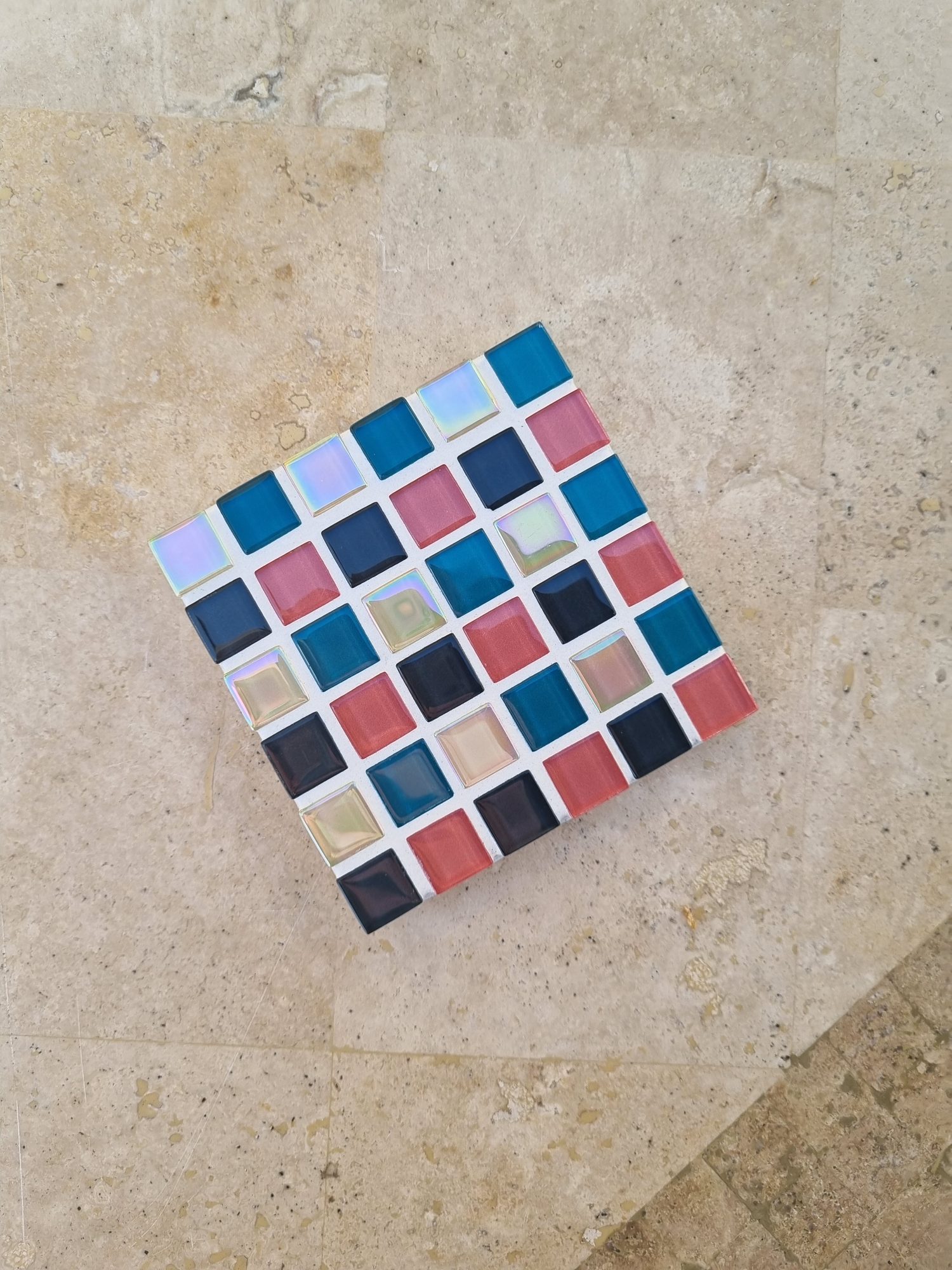 Monte Carlo handmade glass coaster, dusty pink teal and navy tiles in white grout