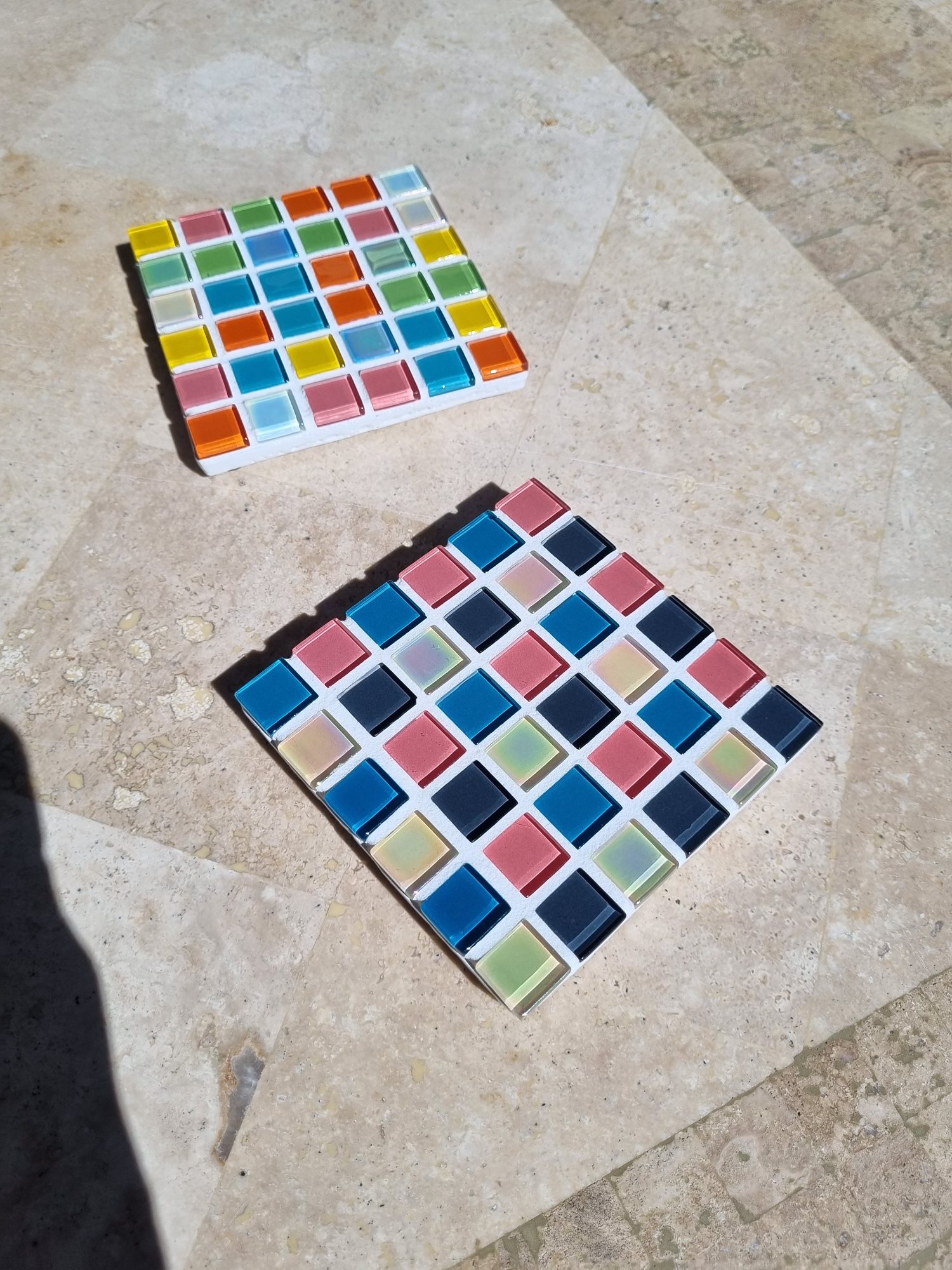 Pair of Monte Carlo glass mosaic coasters made in Thornbury